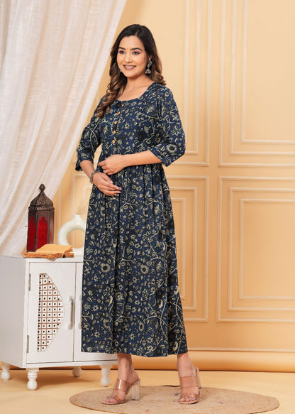 Cotton Maternity Wear with Zipper Feeding Access | Ziyatrends Stylish Pregnancy Kurti I Fade Blue