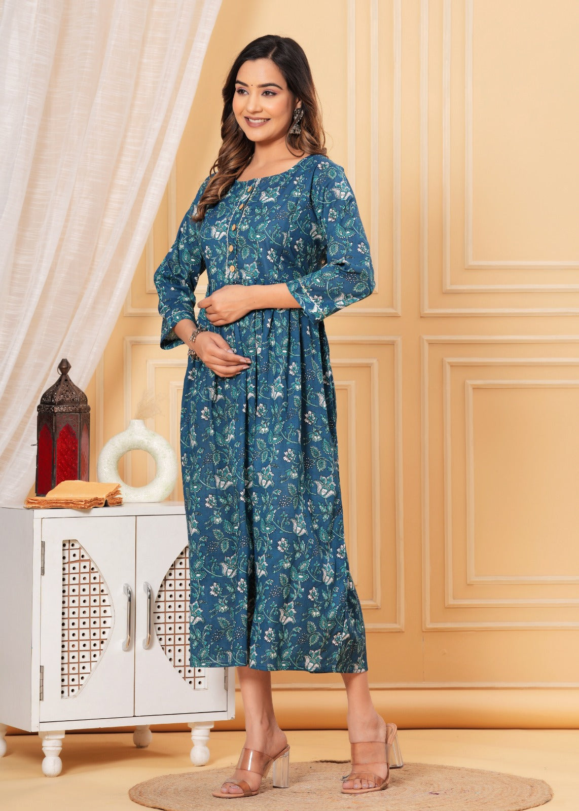 Pure Cotton Maternity Kurti with Stretchable Fabric | Ziyatrends Pregnancy Fashion I Grey blue