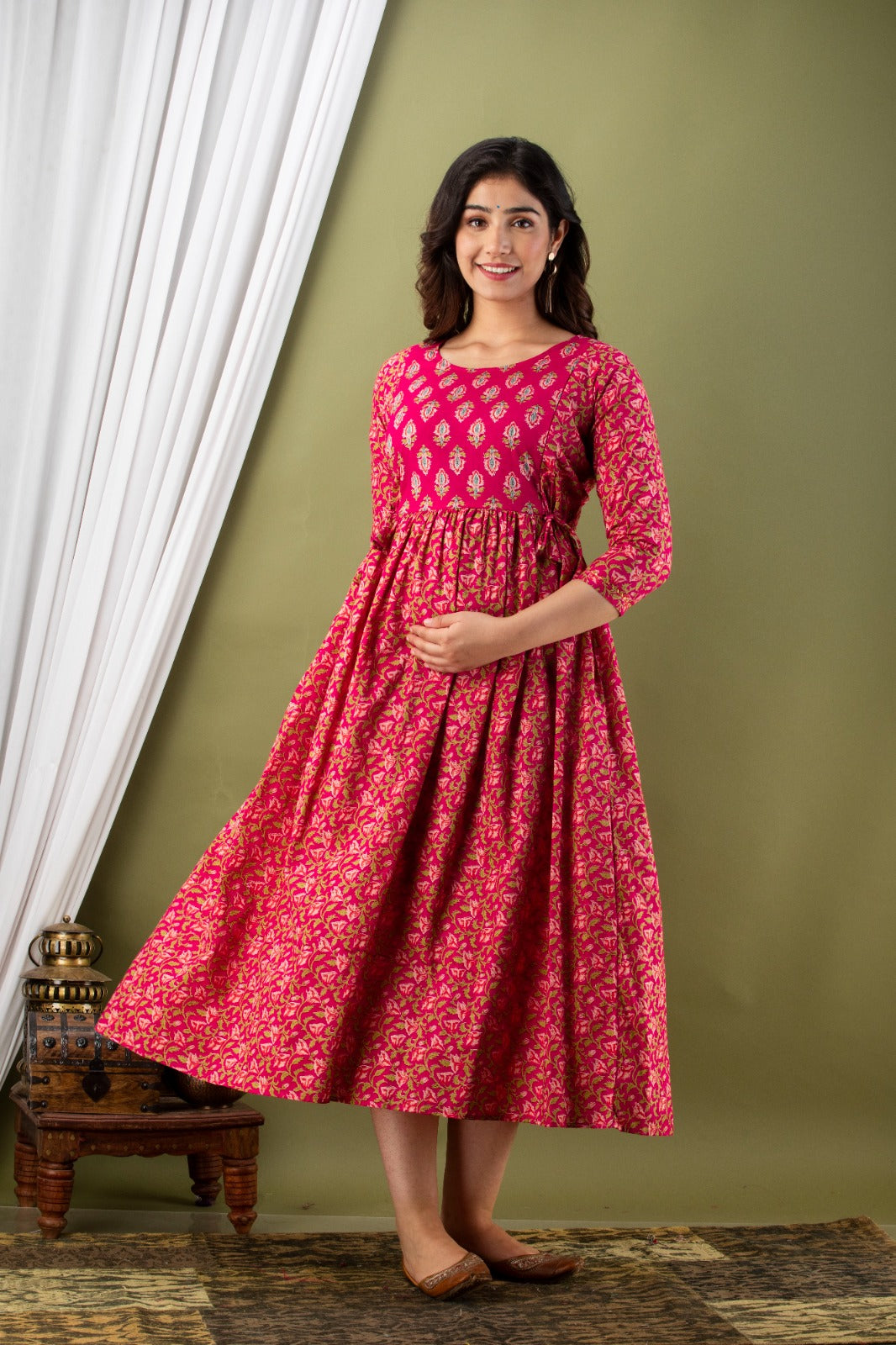 Pure Cotton Maternity Kurti with Stretchable Fabric Feeding zipper| Ziyatrends Pregnancy Fashion I Royal Yoke Pink