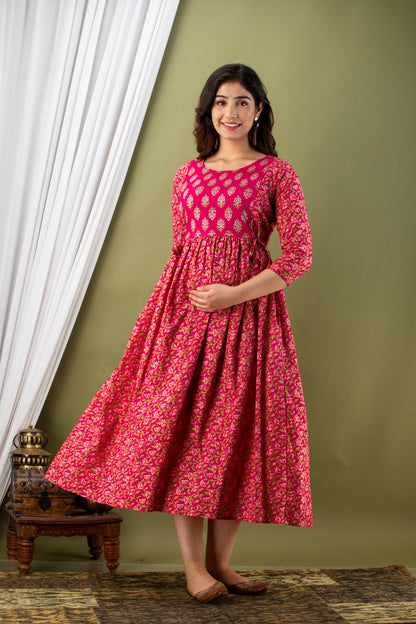 Pure Cotton Maternity Kurti with Stretchable Fabric Feeding zipper| Ziyatrends Pregnancy Fashion I Royal Yoke Pink