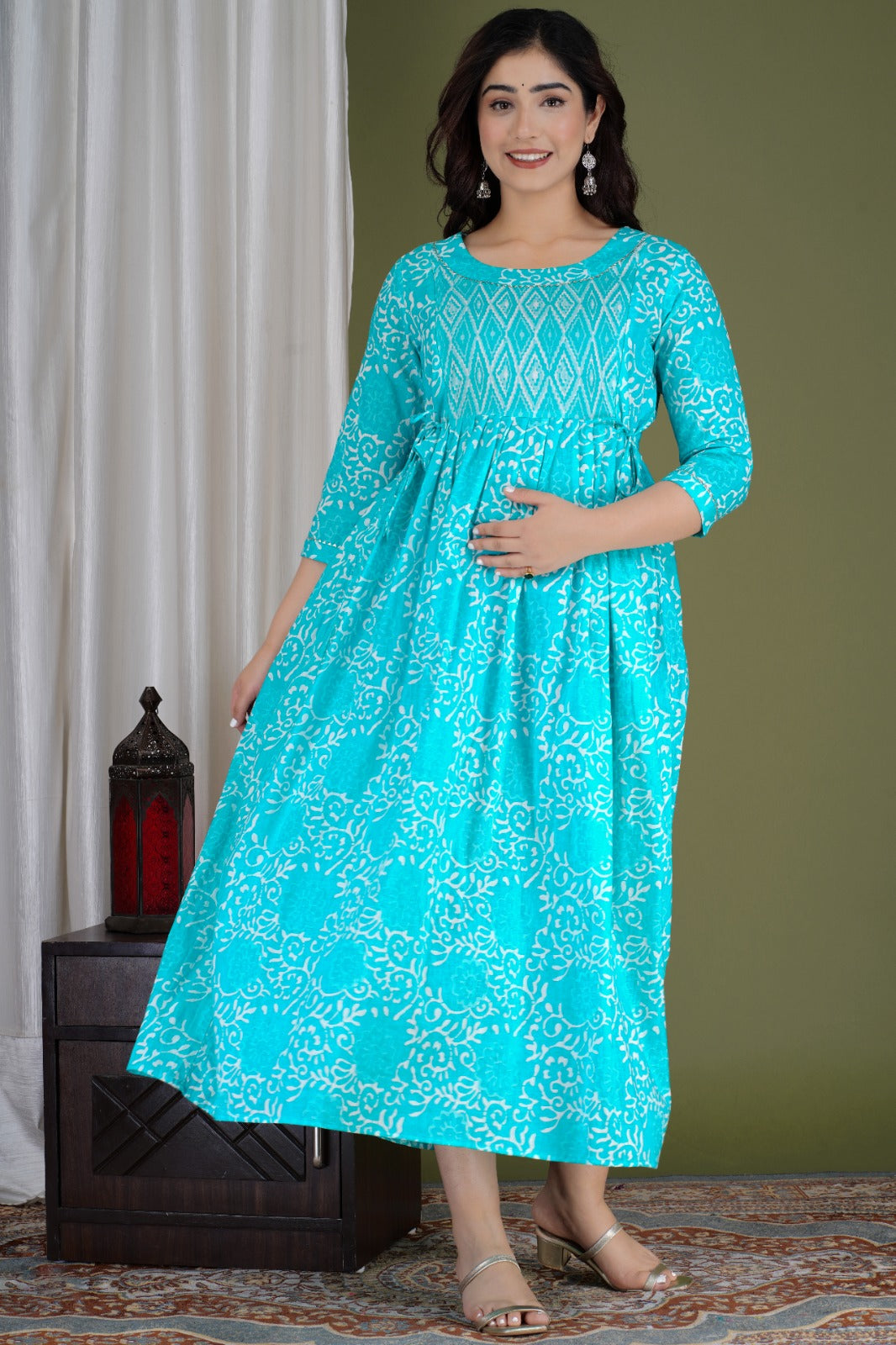 Ziyatrends Premium Cotton Maternity Dress | Nursing Kurti with Concealed Zippers I White print Blue