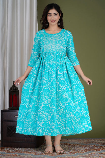 Ziyatrends Premium Cotton Maternity Dress | Nursing Kurti with Concealed Zippers I White print Blue