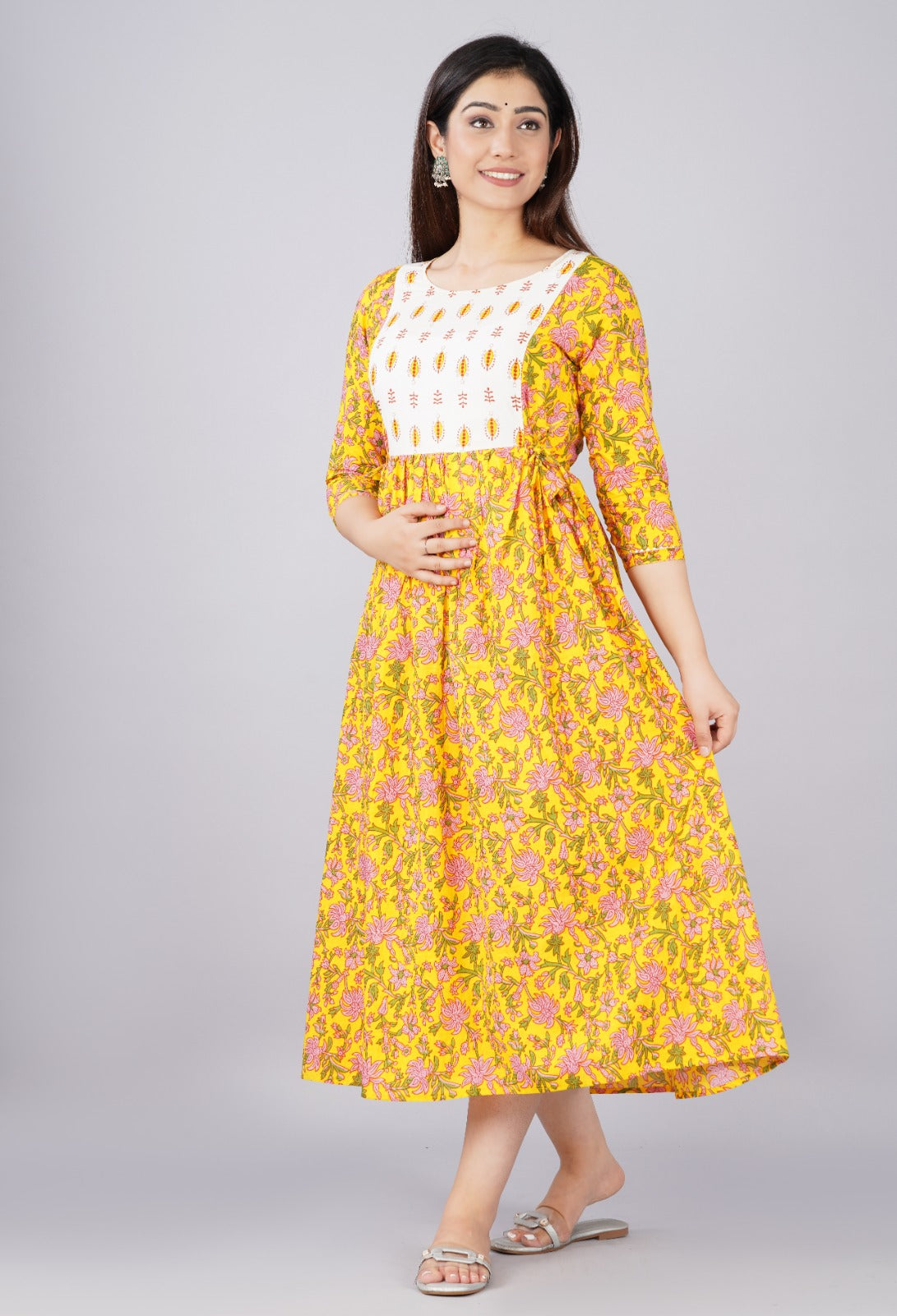 Cotton Feeding Kurti with Dual Zipper Access | Maternity Dress by Ziyatrends Yellow- white yoke design