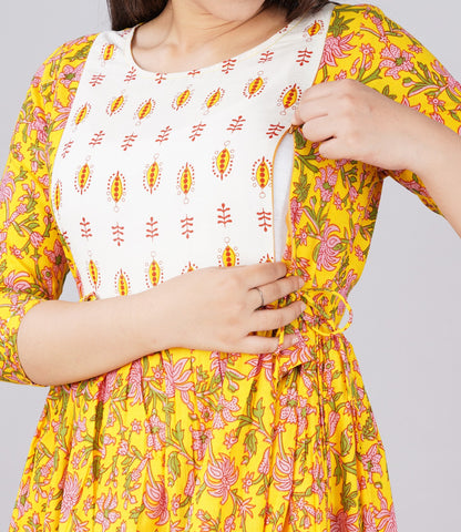 Cotton Feeding Kurti with Dual Zipper Access | Maternity Dress by Ziyatrends Yellow- white yoke design