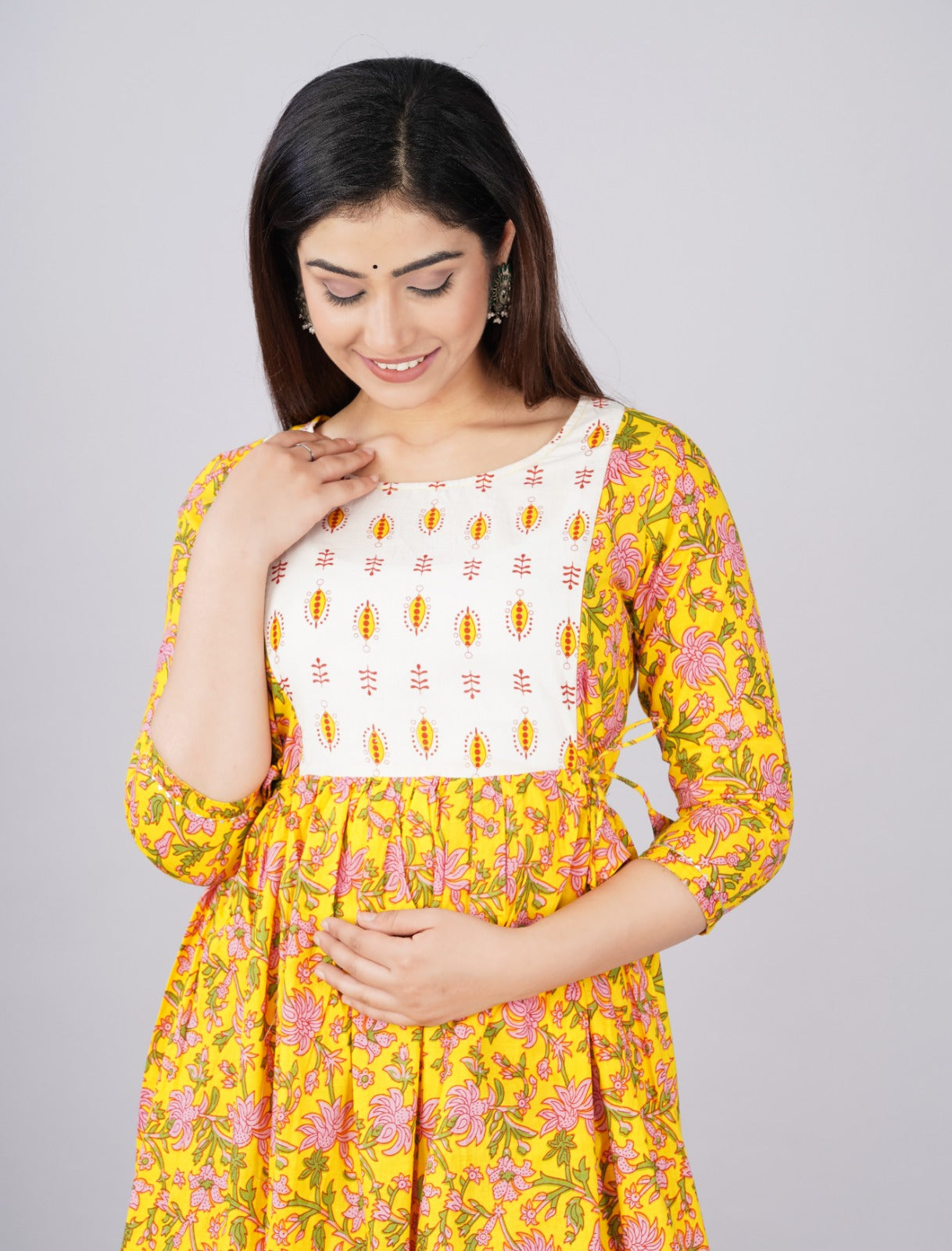 Cotton Feeding Kurti with Dual Zipper Access | Maternity Dress by Ziyatrends Yellow- white yoke design