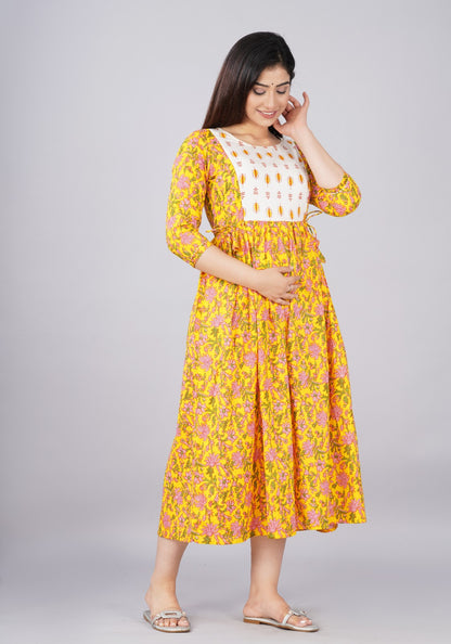 Cotton Feeding Kurti with Dual Zipper Access | Maternity Dress by Ziyatrends Yellow- white yoke design