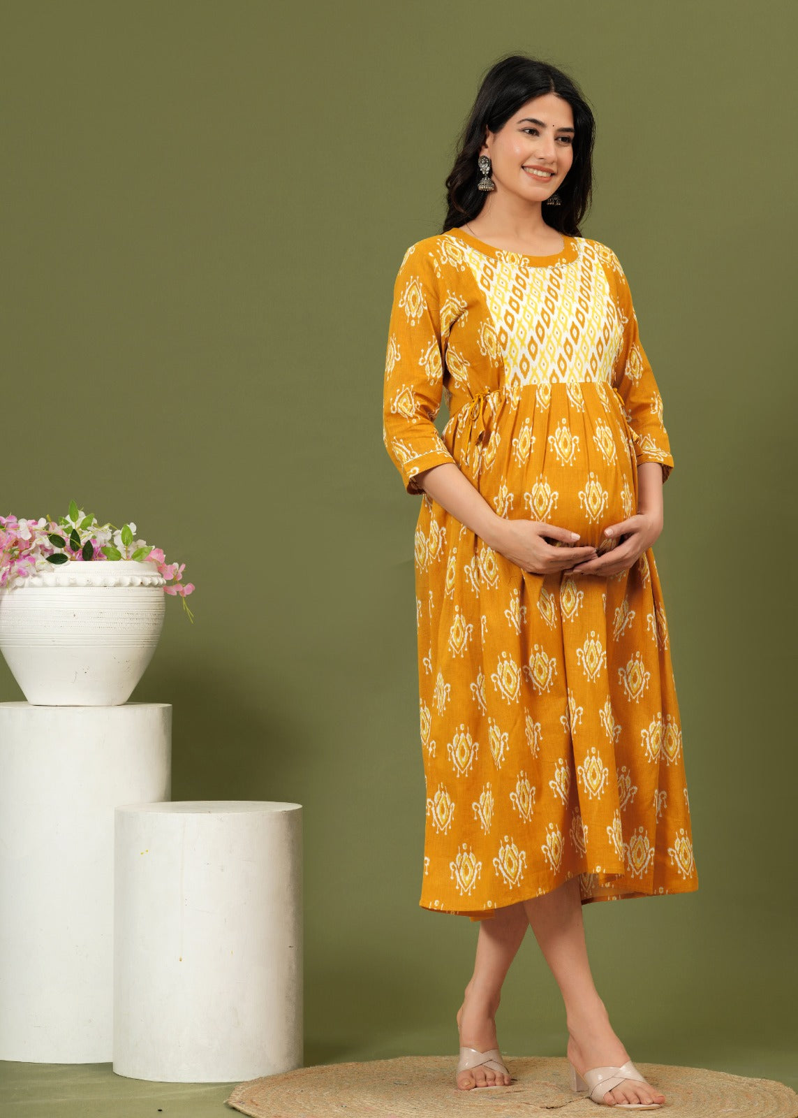 Stylish Pregnancy and Nursing Dress | Ziyatrends Invisible Zipper Maternity Kurti baby shower Yellow orange yoke design