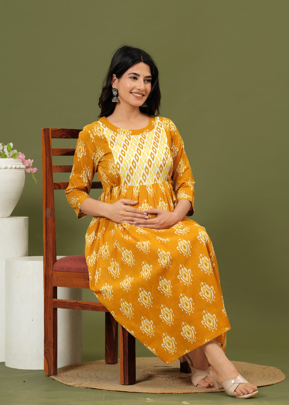 Stylish Pregnancy and Nursing Dress | Ziyatrends Invisible Zipper Maternity Kurti baby shower Yellow orange yoke design