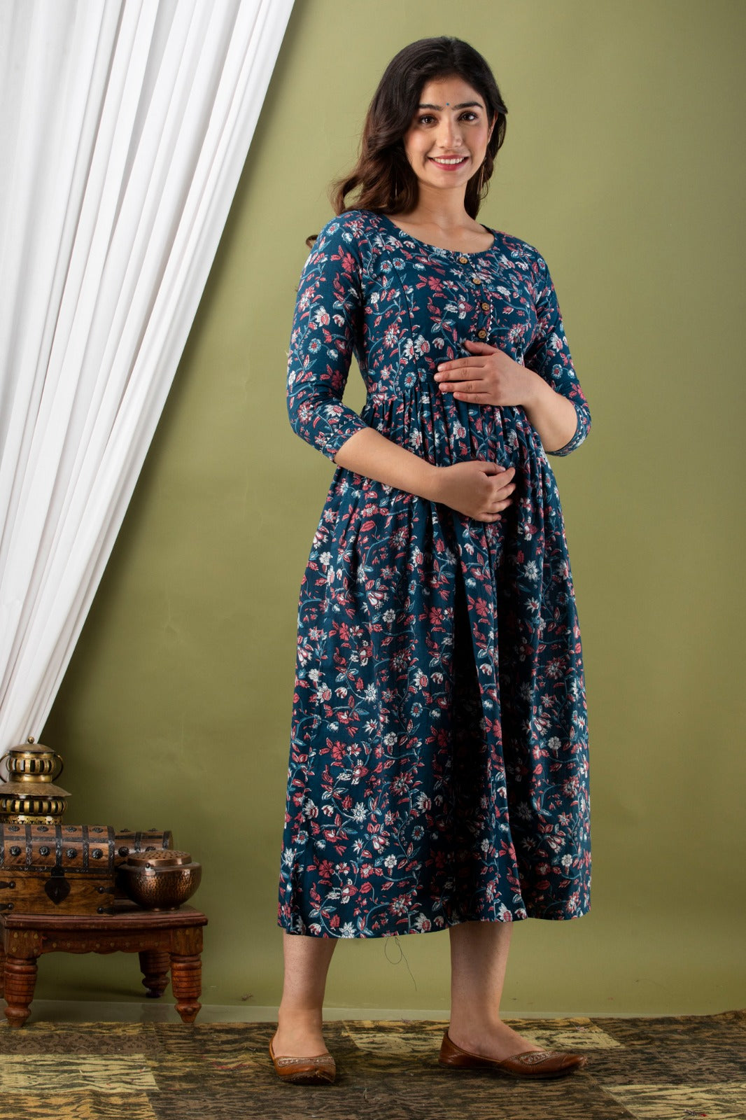 Ziyatrends Modern Maternity Wear | Pure Cotton Pregnancy Kurti for Nursing Moms Baby shower Blue print