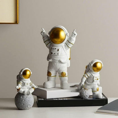 Astronaut Spaceman Statue Ornament Home Office Desktop Figurine Decors Set of 3 - Golden