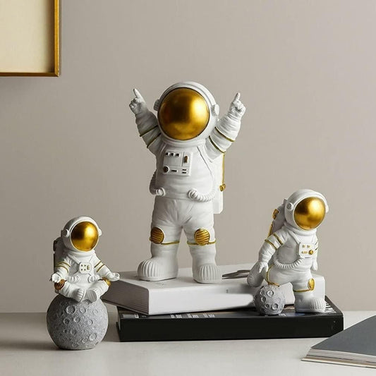 Astronaut Spaceman Statue Ornament Home Office Desktop Figurine Decors Set of 3 - Golden