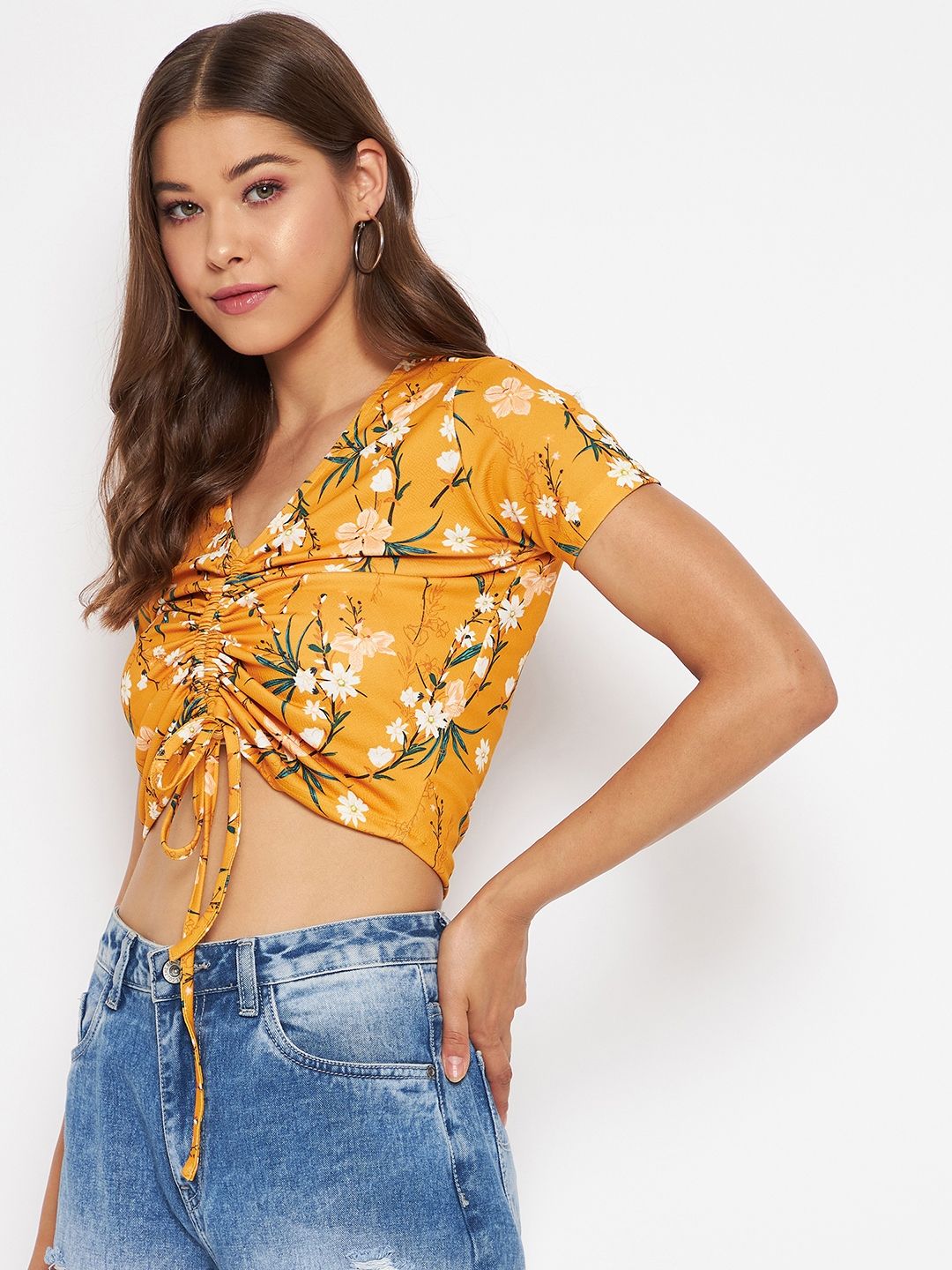 Uptownie Lite Stretchable Polyester Front Drawstring Ruched Crop Top